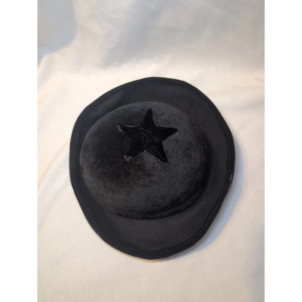 Vintage DOWA NY WOMEN'S Black Star HAT SOLEIL GLACE ITALY VELVET FAUX FUR 22.5